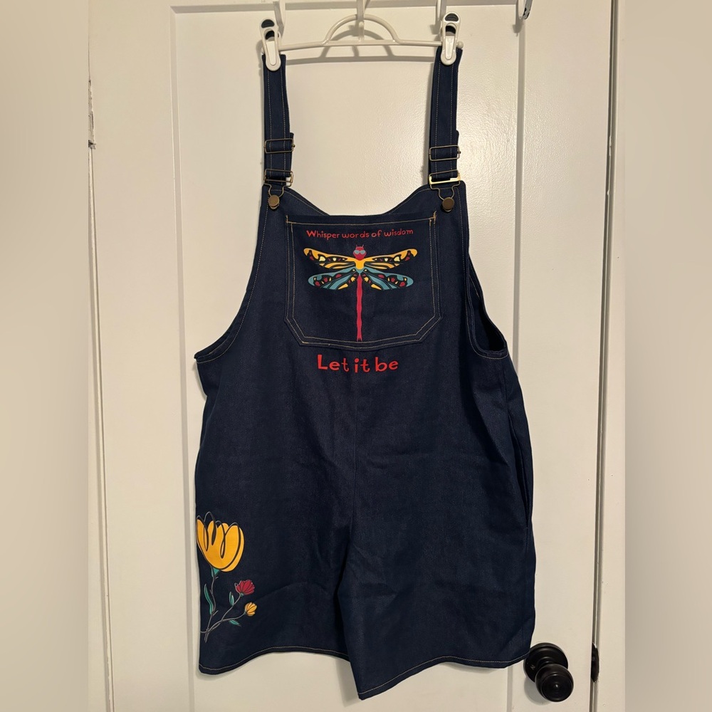 Let It Be Denim Overalls with Dragonfly and Floral Embroidery.